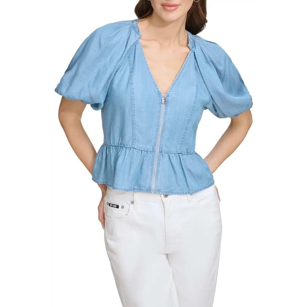 DKNY Front Zip Peplum Chambray Top Womens S Blue Puff Sleeve Lyocell Blouse - Picture 4 of 16